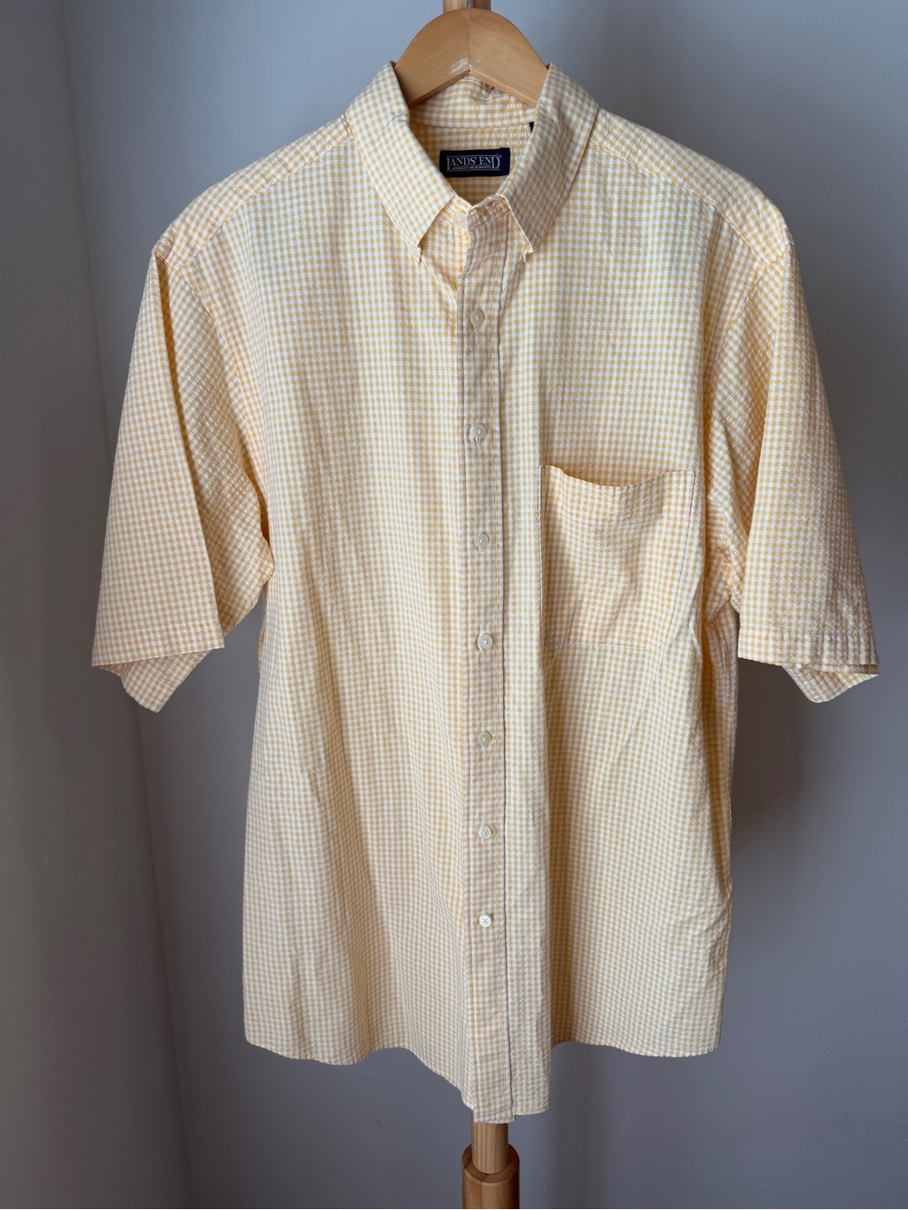 Lands End Yellow Seersucker Short Sleeve Shirt Men’s Large Tall Gingham Top